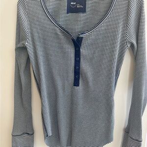 Aerie long sleeved Henley top navy blue/white & metallic silver M